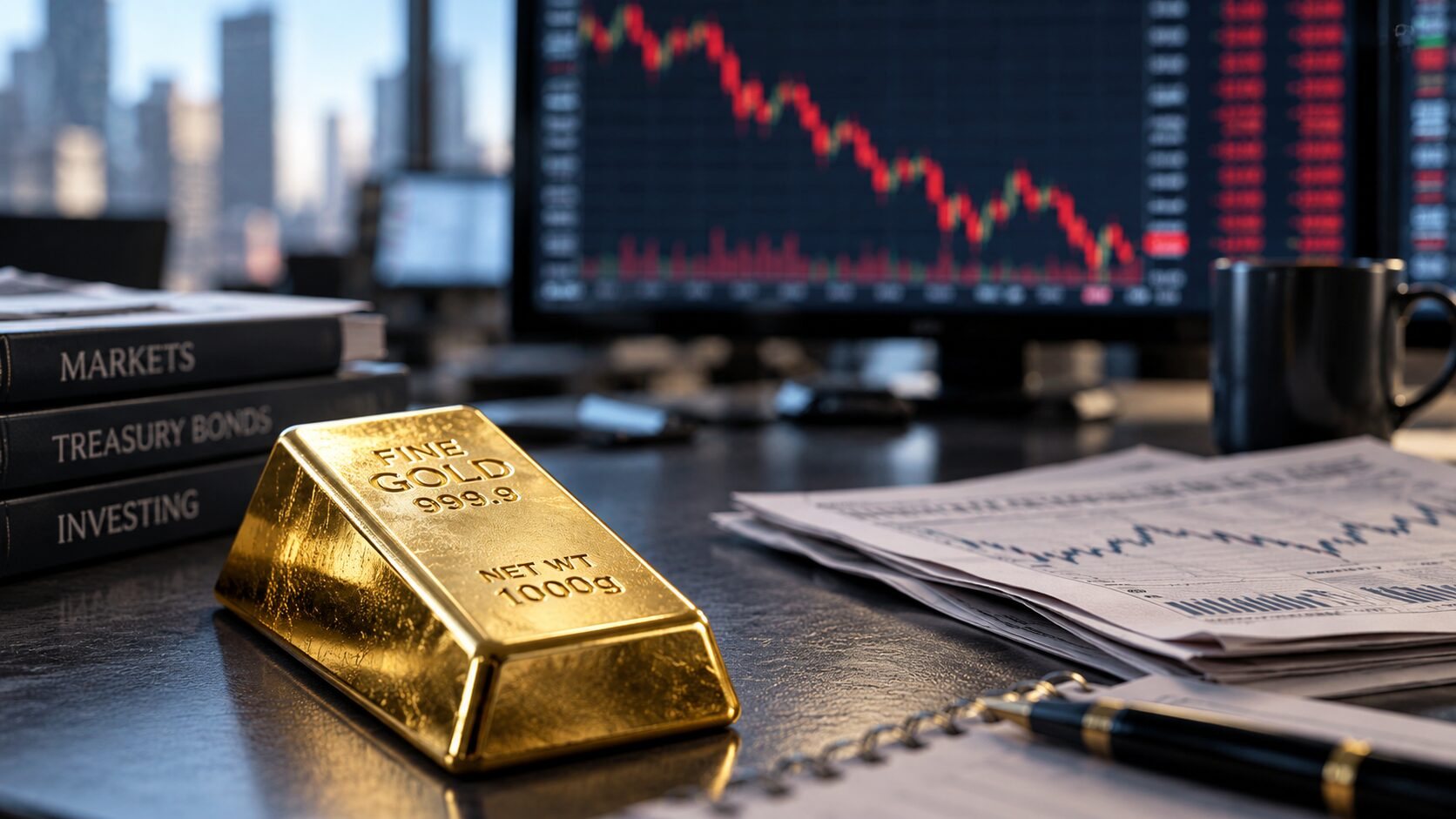 Gold bullion bar on a financial trading desk with declining stock market charts in the background, illustrating the AI stock selloff and market uncertainty.