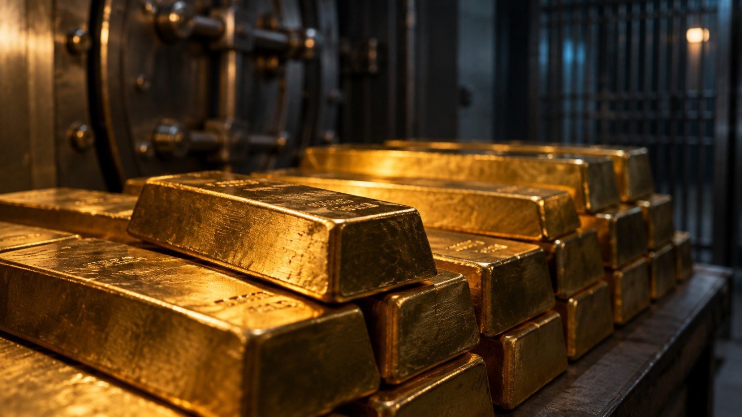 Stacked gold bullion bars in a bank vault with the vault door visible behind them, representing central bank gold reserves in 2026