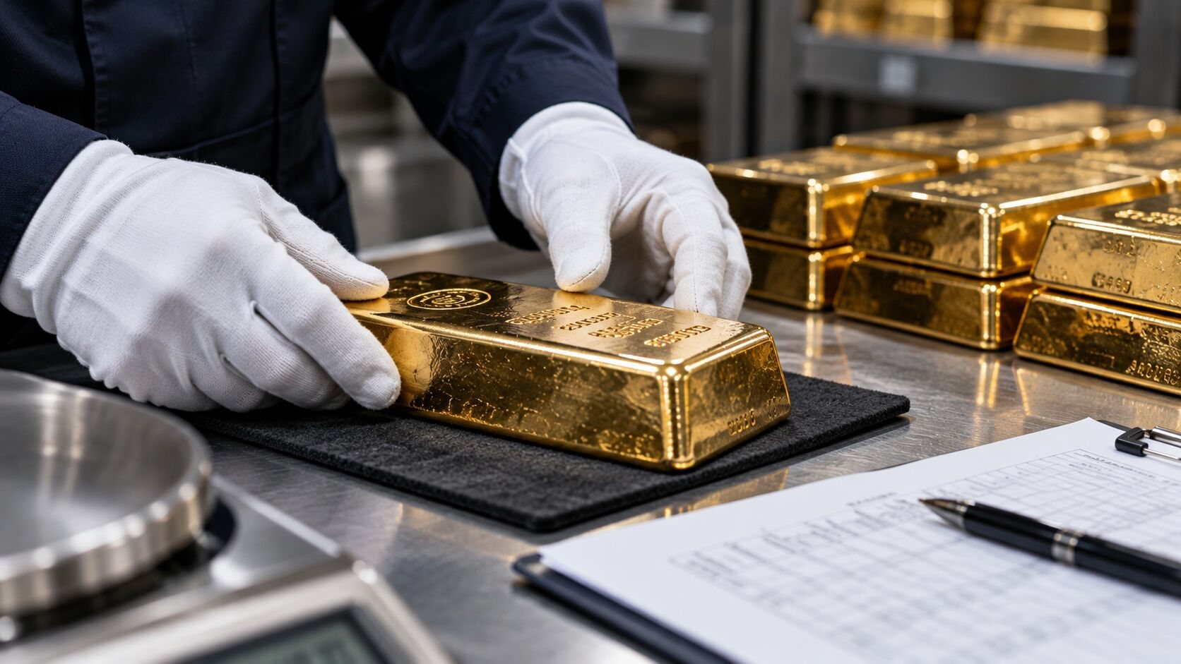White-gloved vault worker inspecting a physical gold bullion bar on a metal table beside inventory records, illustrating central bank gold reserve management.