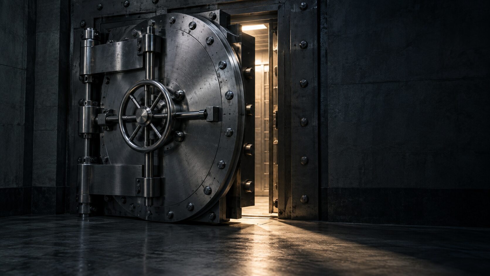 Steel bank vault door partially open with light spilling through, representing a central bank's decision on its gold reserves