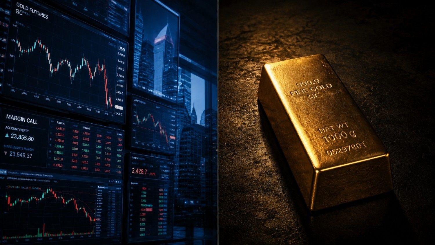 Split image contrasting gold futures trading screens showing a margin call with a physical 999.9 fine gold bar — illustrating why China's paper gold trading shutdown shifts price discovery toward physical demand.