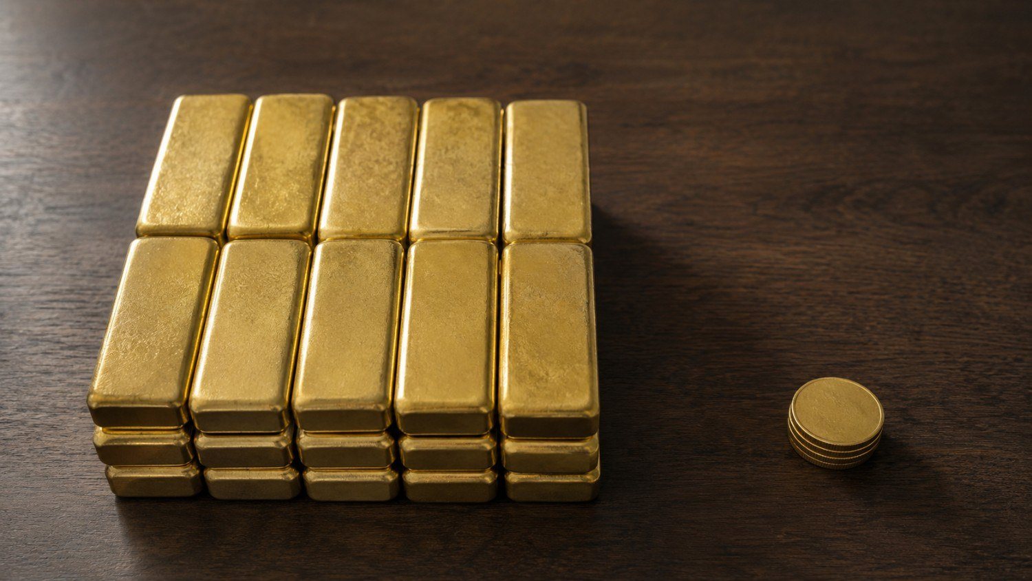 Dalio gold allocation strategy shown as a large stack of gold bars next to a small stack of coins, representing a 15% core gold position versus a smaller satellite asset