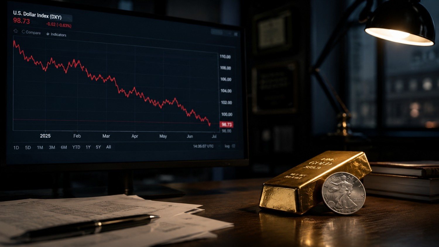 U.S. Dollar Index (DXY) chart showing a declining trend, with a gold bar and silver coin in the foreground on a dark analyst's desk