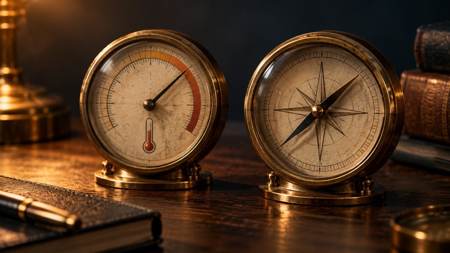Two vintage brass gauges, a heat dial and a compass, on a dark wood desk, illustrating the question of why is gold price moving today.