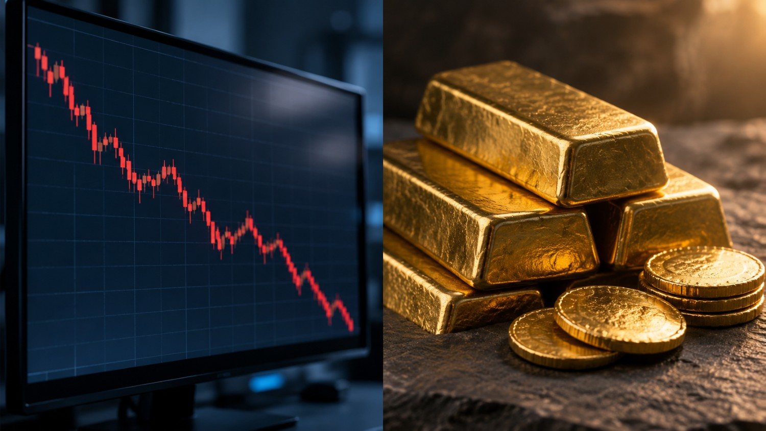 Split-frame image of a declining red stock chart on a computer monitor next to a stack of gold bars and coins, representing gold’s price during an AI-stock-driven market selloff