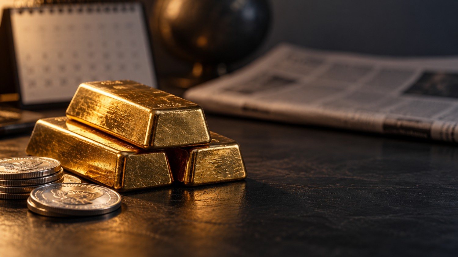 Stacked gold bars and silver coins in sharp focus against a blurred calendar and newspaper, reflecting today’s gold price amid dollar strength.