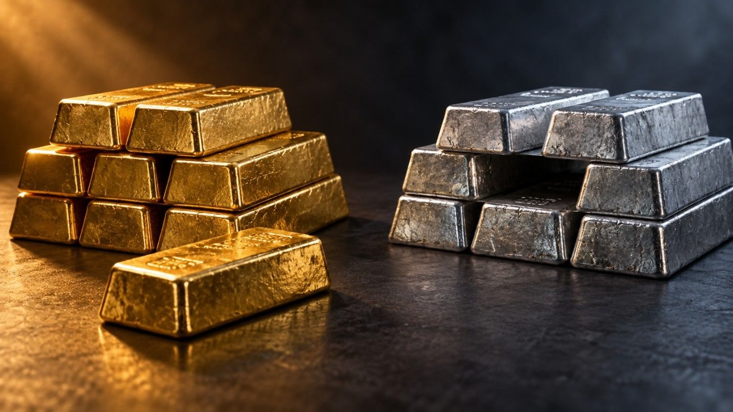 Gold bars glowing under warm light beside a stack of silver bars with one bar missing, illustrating this week's gold ETF inflows and silver ETF outflows