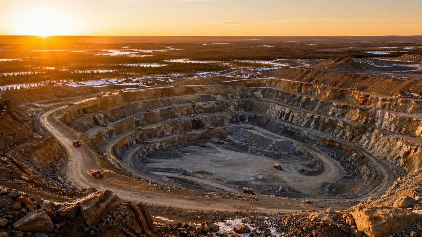 Aerial view of an active open pit gold mine at golden hour, with terraced rock walls, haul trucks, and a flat Arctic landscape stretching to the horizon.