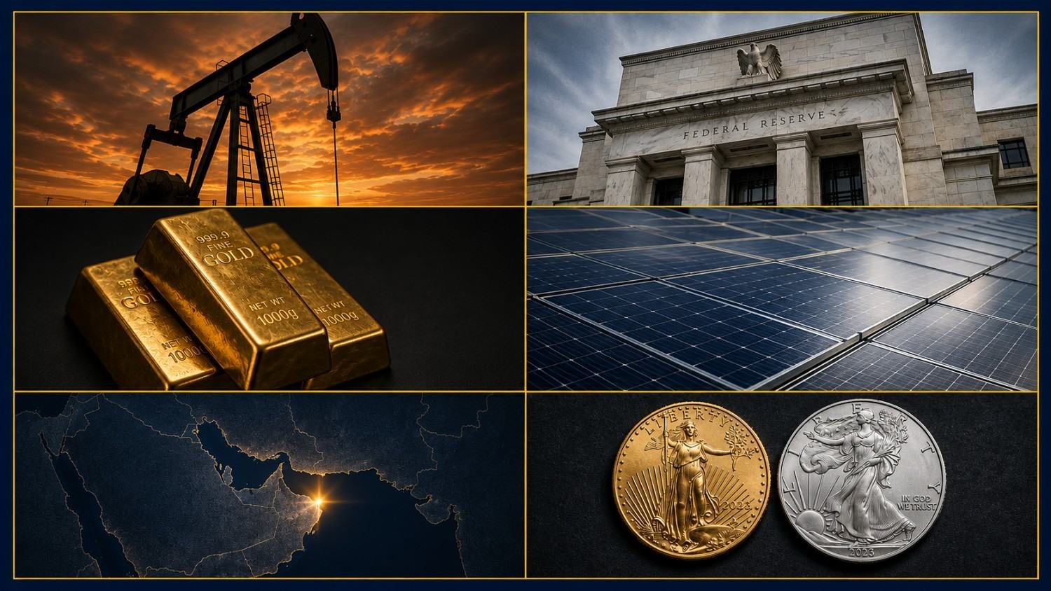 Gold price and FOMC minutes Jackson Hole: oil pump jack, Federal Reserve building, gold bullion bars, silver solar panels, Middle East map with Strait of Hormuz, and gold and silver coins