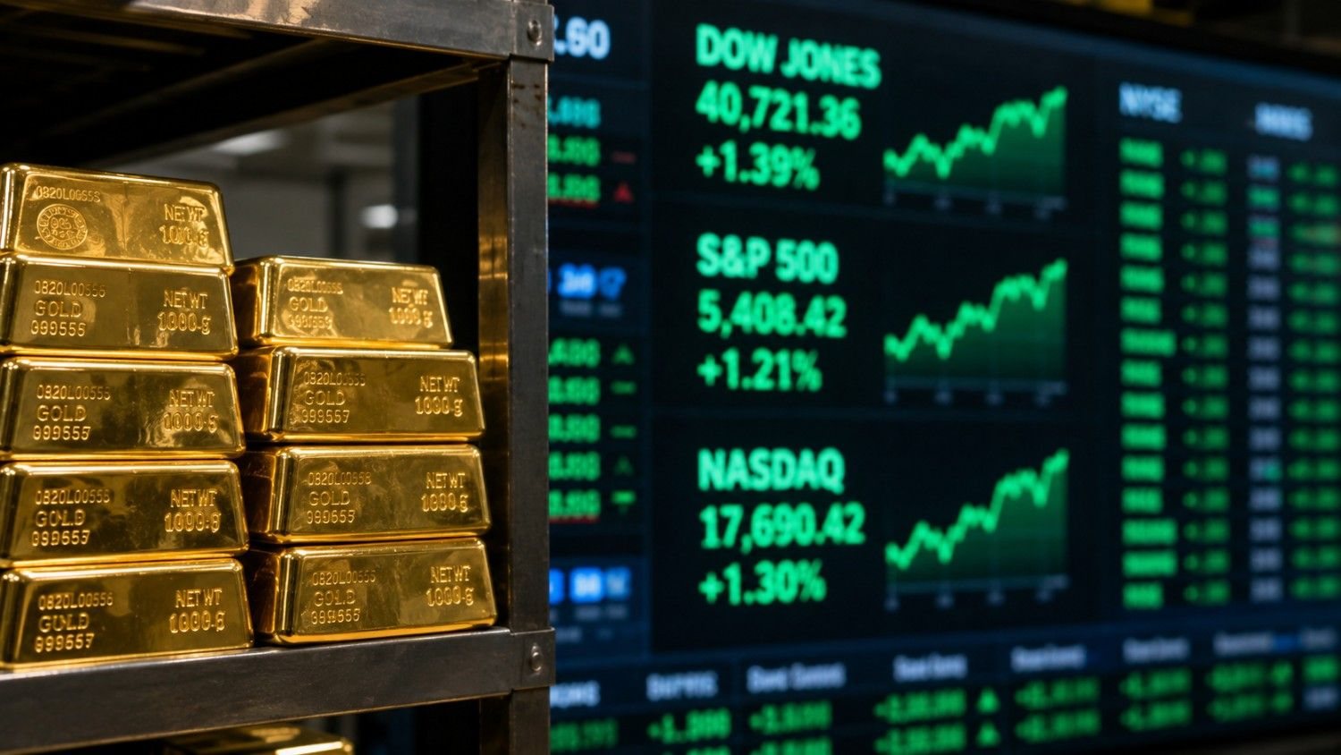 Gold bars stacked on a metal rack in the foreground while stock market screens show the Dow Jones, S&P 500, and Nasdaq climbing — illustrating why gold is going up today even as equities hit record highs.