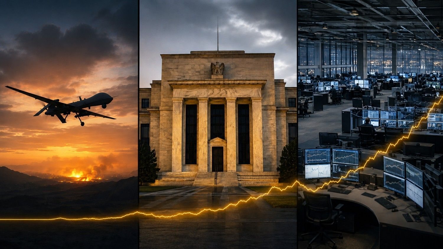 Gold price today: triptych showing a military drone at sunset over distant fires, the Federal Reserve building at dusk, and an active trading floor with a rising gold price line threading across all three panels