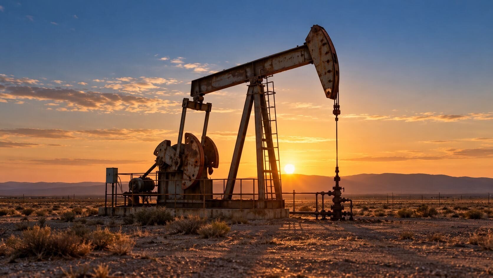 Oil pumpjack on flat dry ground at golden hour under a deep blue sky