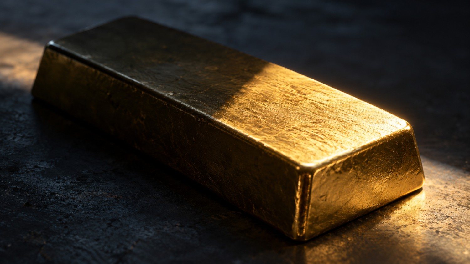 A gold bar on dark stone, half in cool shadow and half lit by a warm diagonal light — a gold price fomc minutes preview as bullion rebounds from today's two-month low.