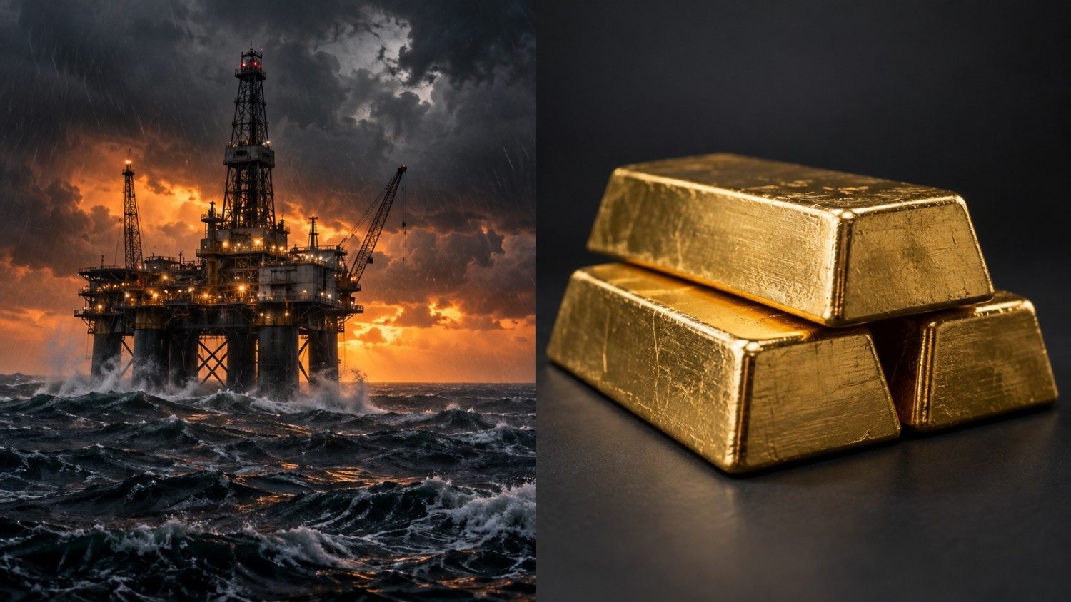 Split image contrasting a storm-lit offshore oil rig in rough seas with three calm, softly lit gold bars, illustrating the gold oil price shock real yields disconnect.