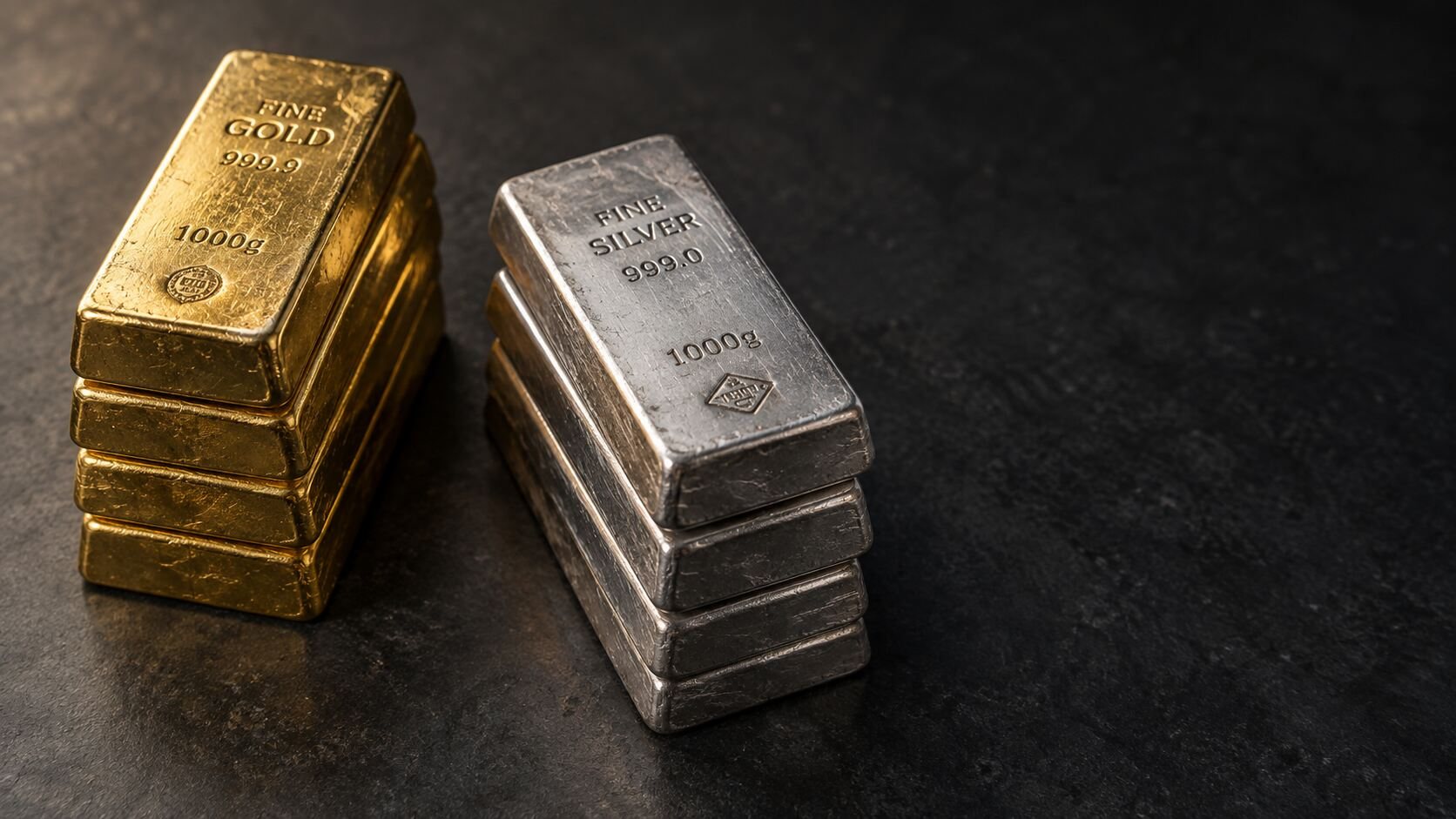 Stacked gold and silver bullion bars, gold upright and silver leaning apart, reflecting today's diverging gold and silver prices.