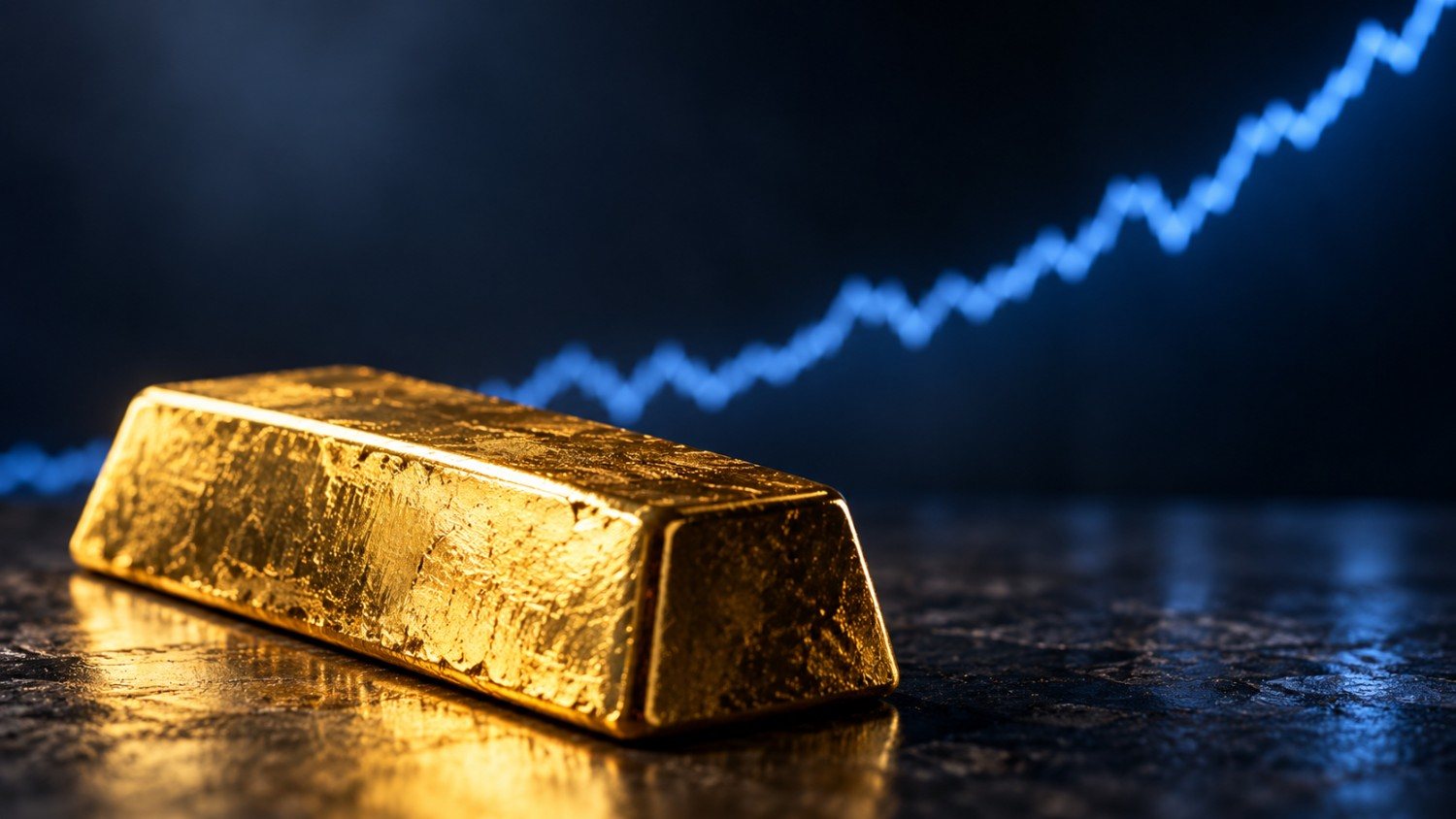 A gold bar in sharp focus as a rising blue yield line blurs behind it, visualizing gold's two-month low despite climbing Treasury yields