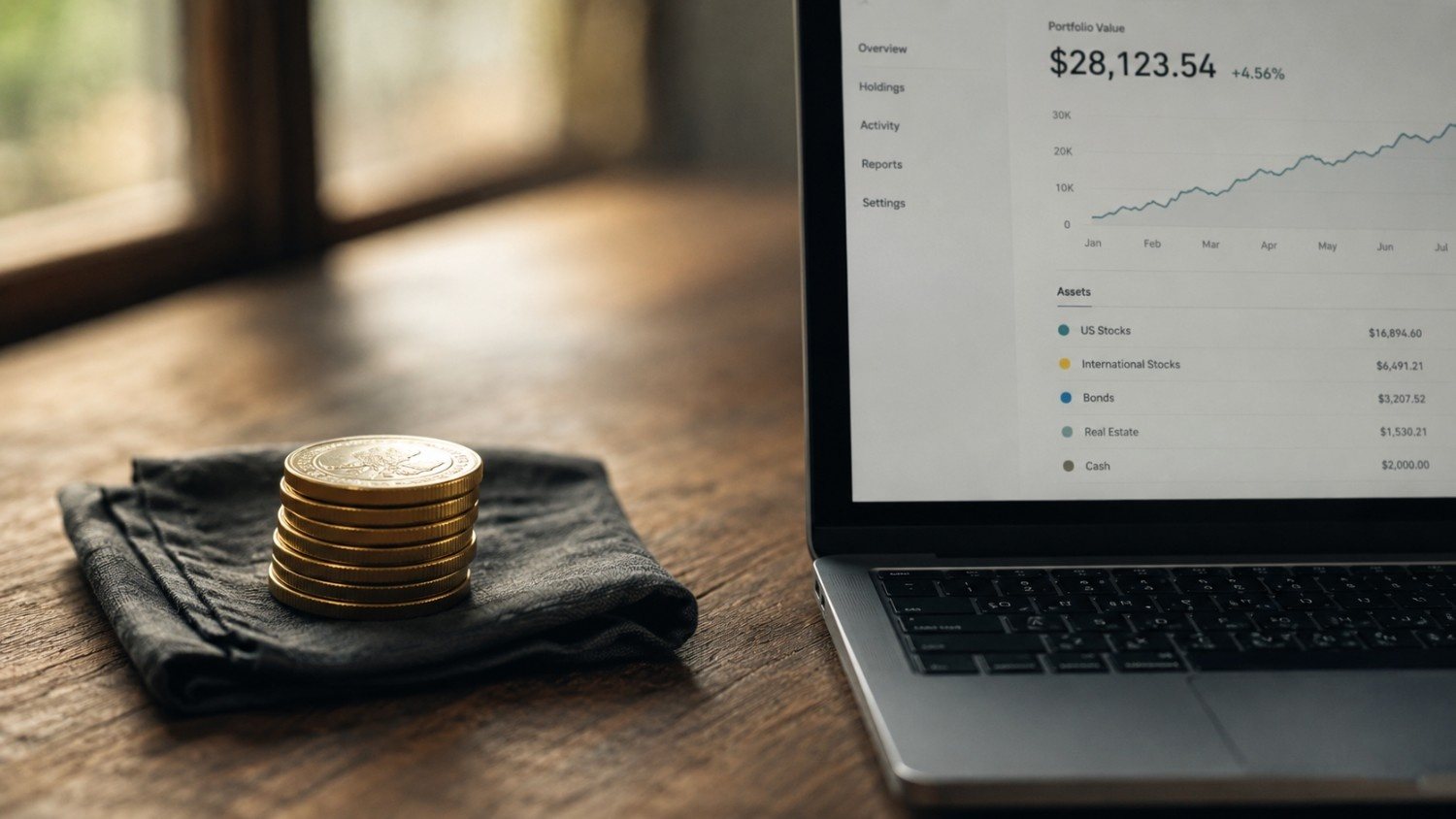 Stack of gold coins on a dark cloth beside a laptop showing a portfolio dashboard — store gold at home or vault with Altinavcisi's InstaVault