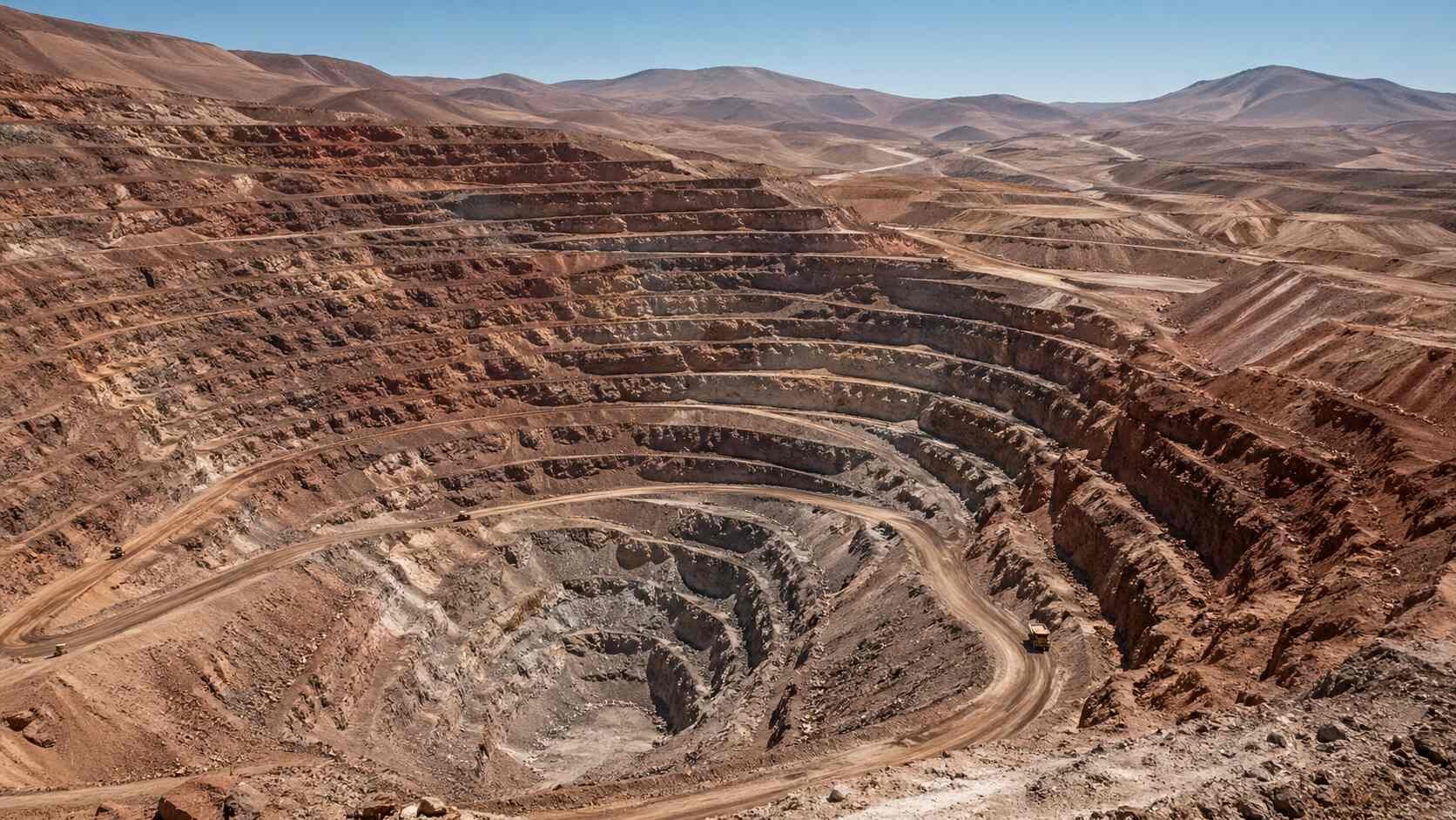 Aerial view of an open-pit copper mine in Chile's Atacama Desert, where sulfuric acid shortages threaten silver byproduct supply