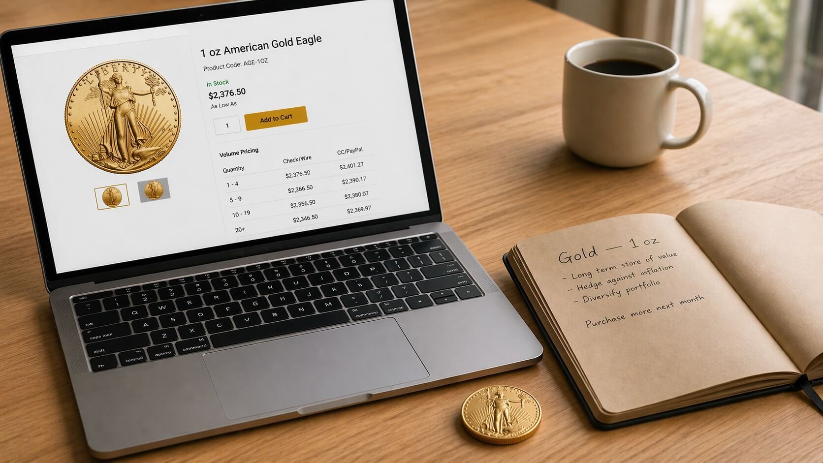 A laptop showing a 1 oz American Gold Eagle product page, a handwritten notebook with gold investment notes, and a gold coin on a wooden desk