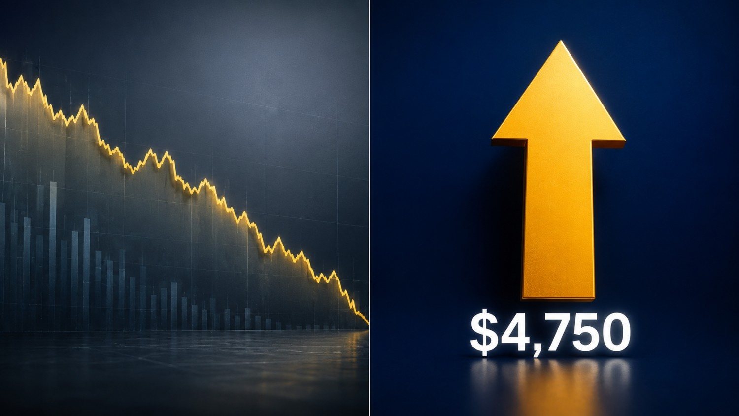HSBC gold price forecast 2026 — declining gold chart on left, upward gold arrow with $4,750 year-end target on right