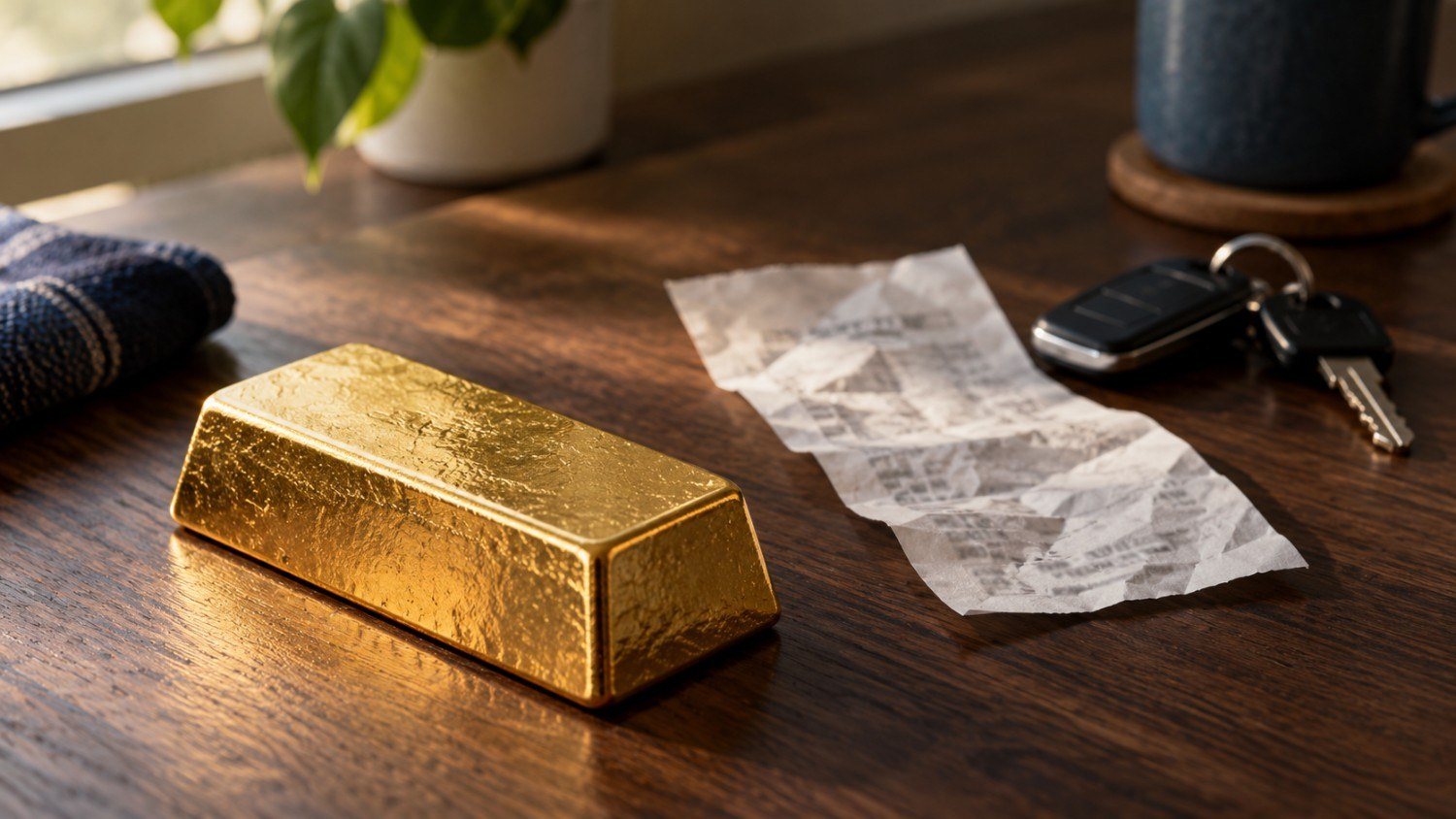 A gold bullion bar beside a grocery receipt and car keys on a wooden table, symbolizing rising living costs and long-term wealth preservation.