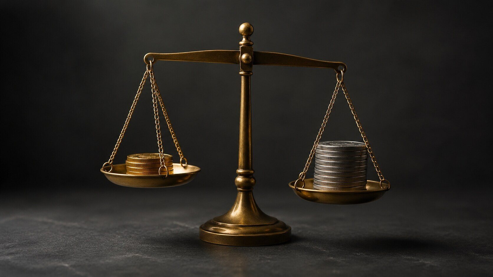 Gold and silver coins balanced on a brass scale against a dark background, representing gold and silver portfolio allocation
