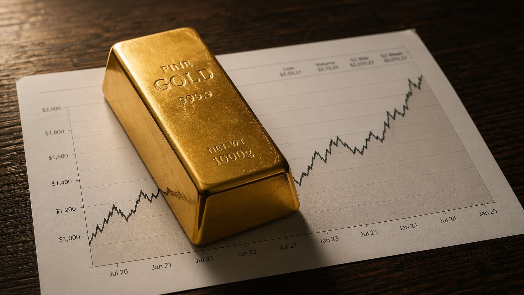 Gold bar resting on a printed price chart showing gold's historical price rise from 2020 to 2025