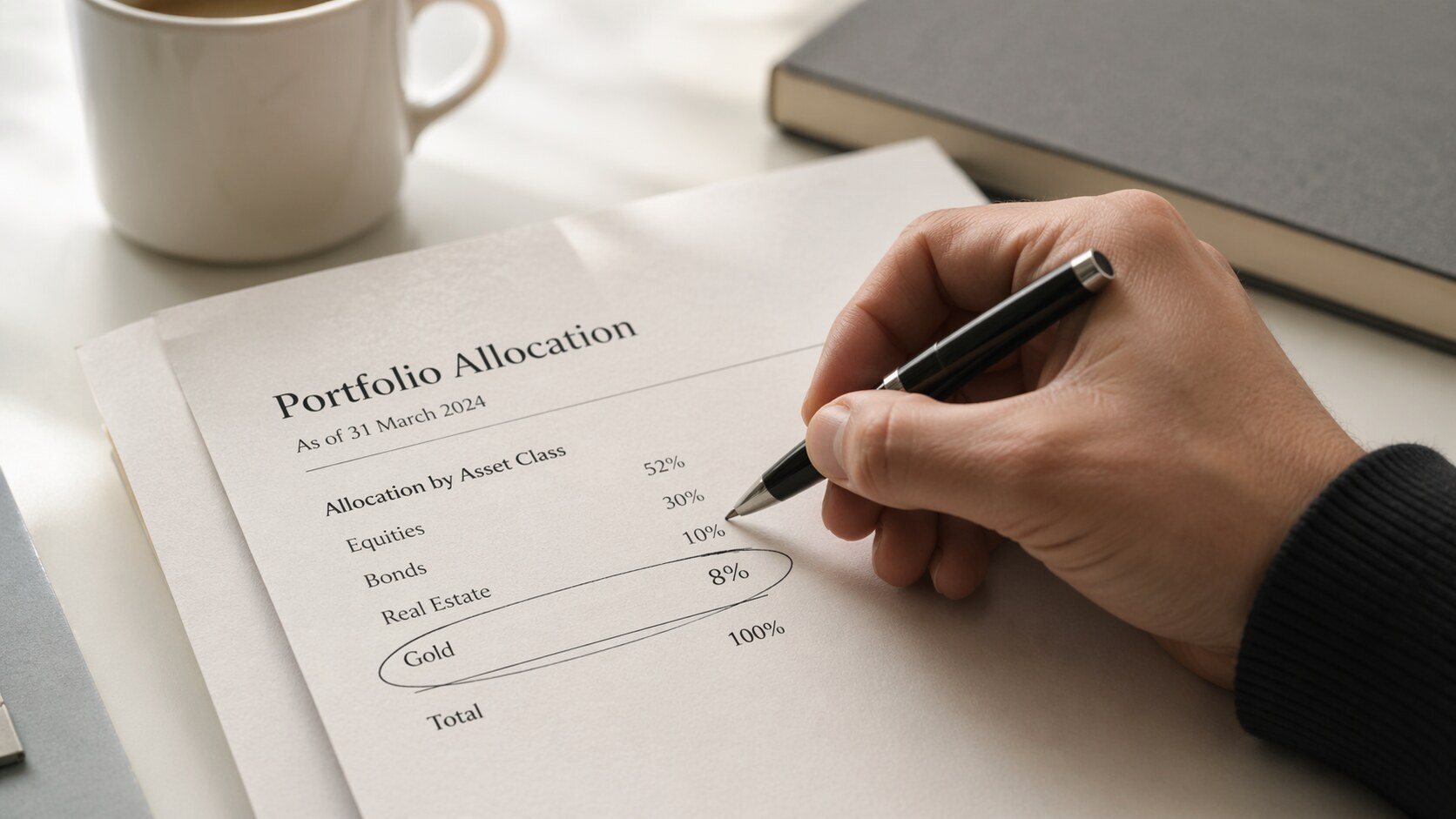 Investor circling gold allocation line item on a portfolio allocation report, with equities, bonds, and real estate also listed