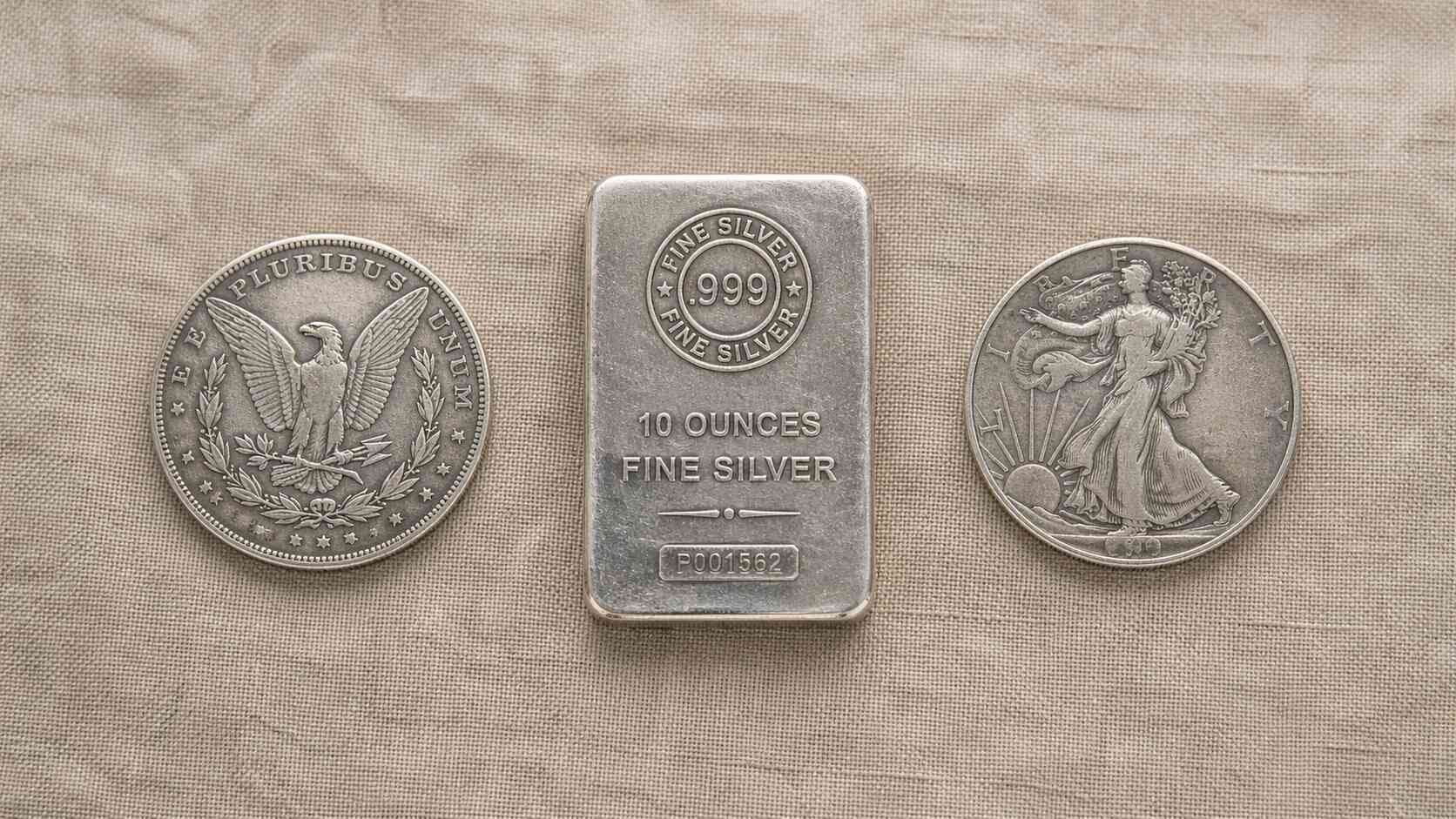 Silver bullion comparison: Morgan dollar coin, 10-ounce .999 fine silver bar, and Walking Liberty half dollar on linen surface