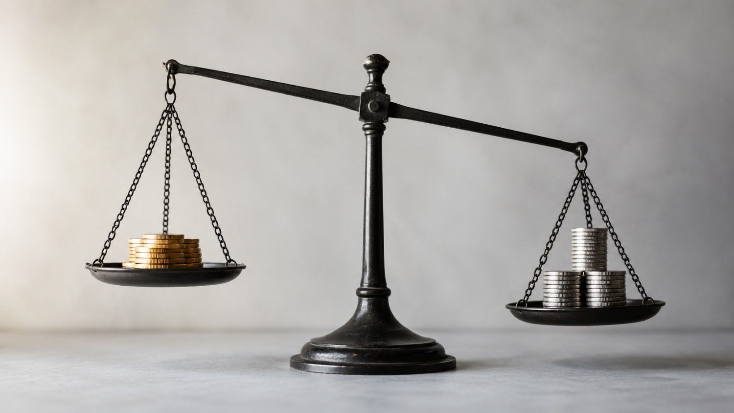 Balance scale with gold coins outweighing silver coins, illustrating why silver falls more than gold in a market selloff