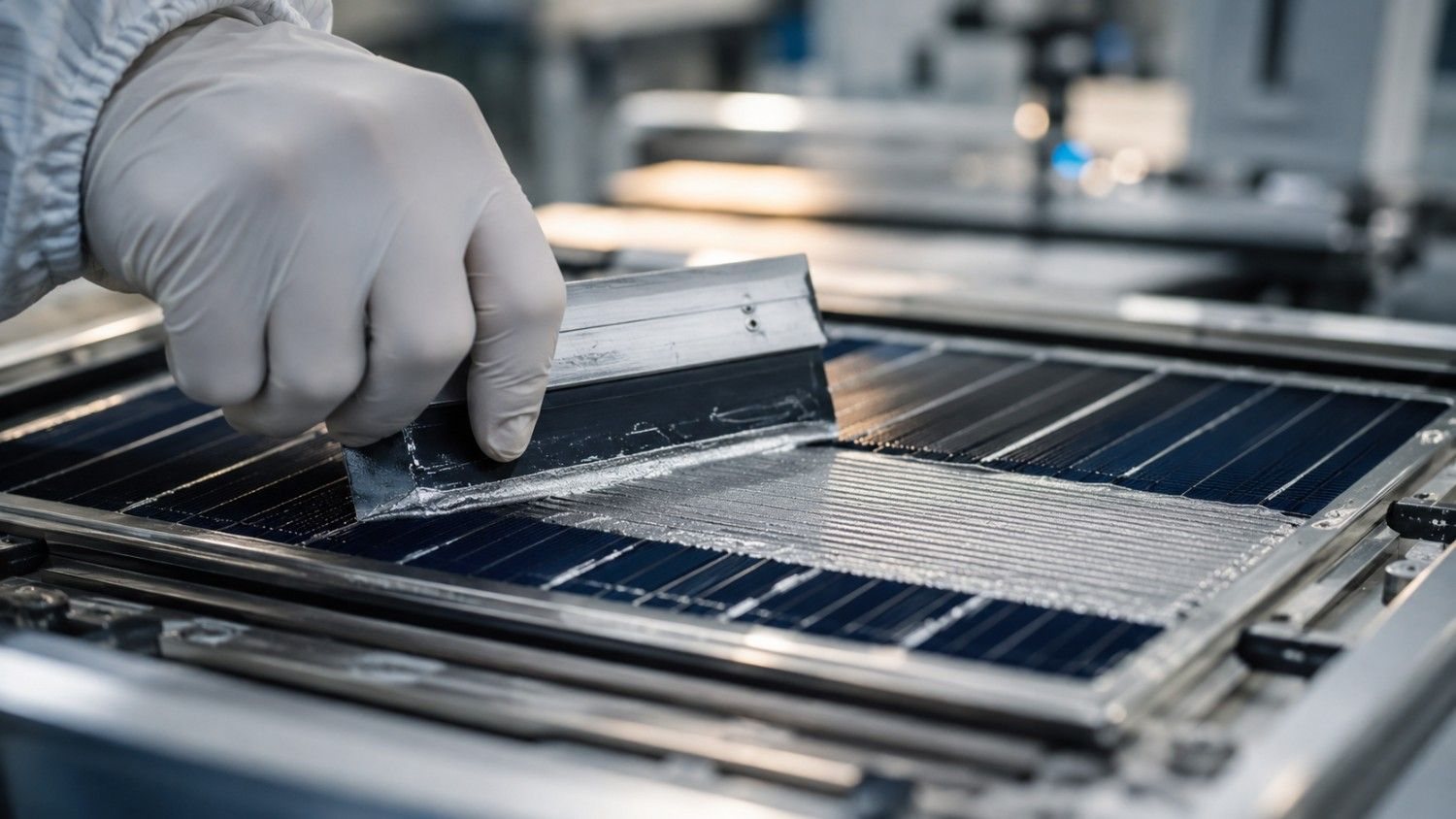 Silver industrial demand in action: technician screen-printing silver conductive paste onto a solar cell during photovoltaic panel manufacturing