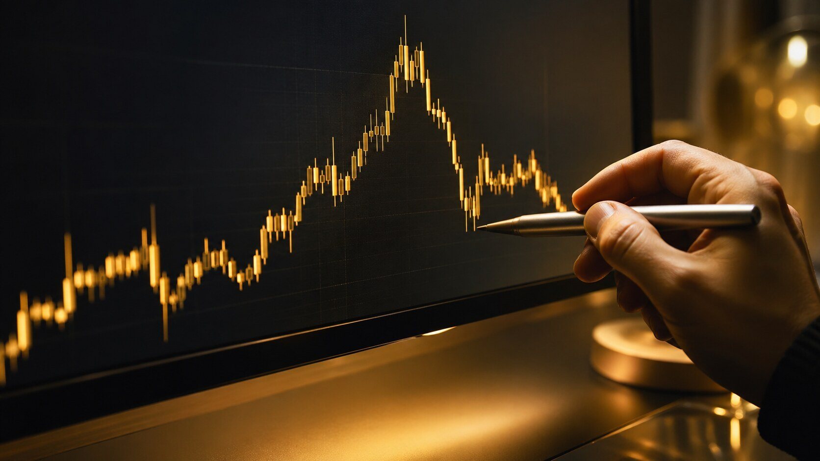 Investor pointing to a gold price pullback on a candlestick chart — buying gold after a pullback has historically rewarded patient long-term holders