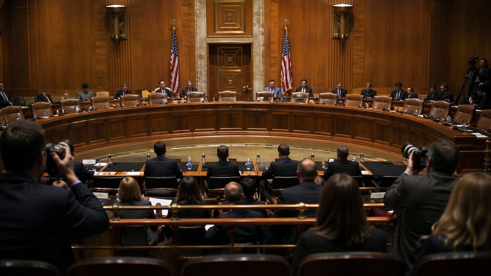 Senate Banking Committee hearing room during the Kevin Warsh Federal Reserve chair confirmation hearing, April 2026. Senators seated at the curved wooden dais, with press photographers and attendees visible in the foreground