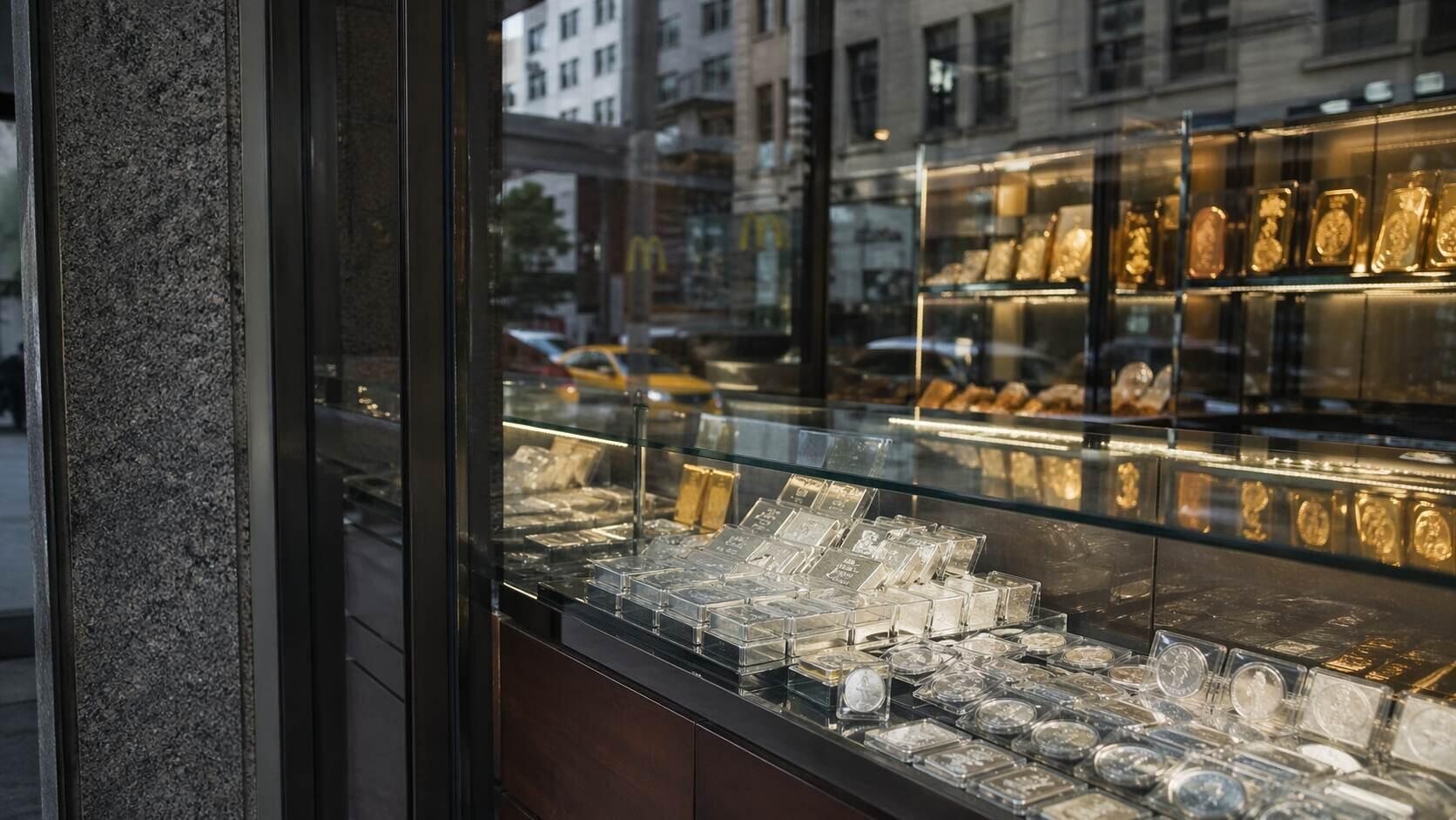 A precious metals shop window displaying silver bars and coins in a glass case, with gold bars visible on shelves behind, reflecting a busy city street.