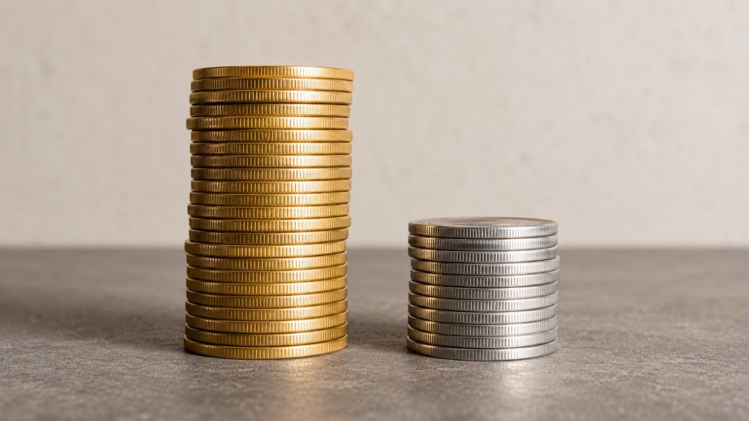 A tall stack of gold coins next to a shorter stack of silver coins, visually representing the gold-silver ratio — the price relationship between the two precious metals.