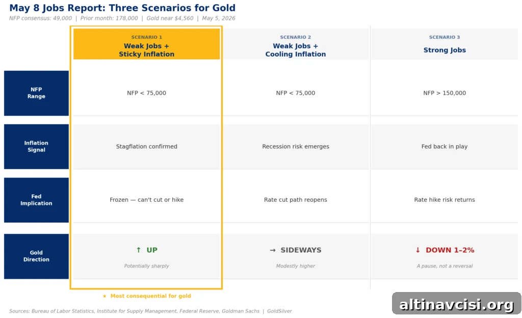 Three-scenario matrix showing how the May 8, 2026 jobs report could move gold price: stagflation confirmed (UP), recession risk (SIDEWAYS), or strong jobs (DOWN 1–2%).