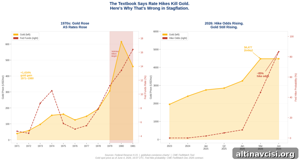 The textbook says rate hikes kill gold. The 1970s — and June 2026 — say it's more complicated than that.