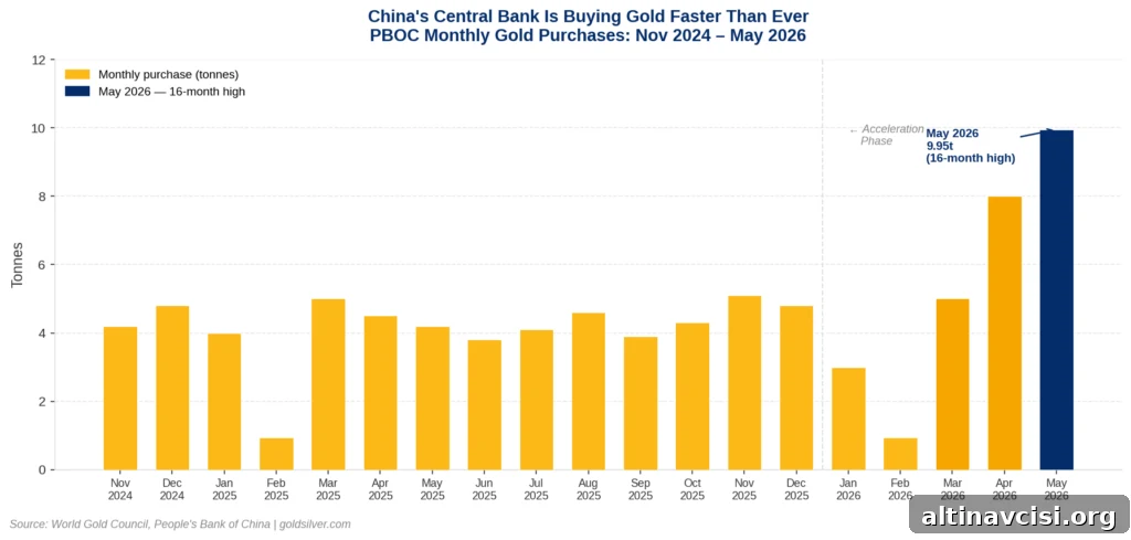PBOC monthly gold purchases bar chart, Nov 2024–May 2026, showing May 2026 at 9.95 tonnes — a 16-month high