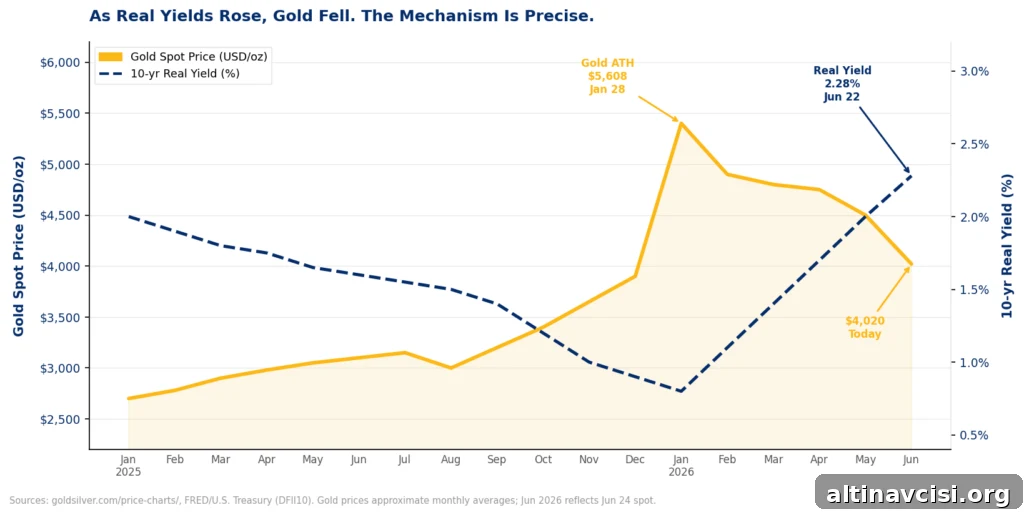 Dual-axis line chart showing gold spot price falling from its all-time high of $5,608 in January 2026 to $4,020 on June 24, 2026, as the 10-year real yield rose from 0.8% to 2.28% over the same period — illustrating why gold is falling today.