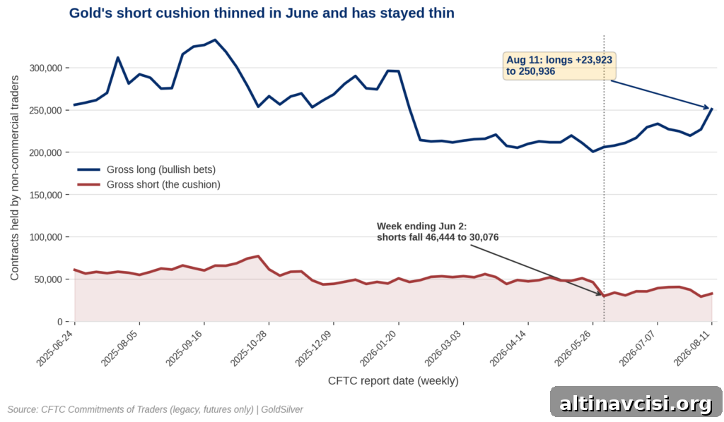 Gold's short cushion thinned in June and has stayed thin. Source: CFTC Commitments of Traders (legacy, futures only)