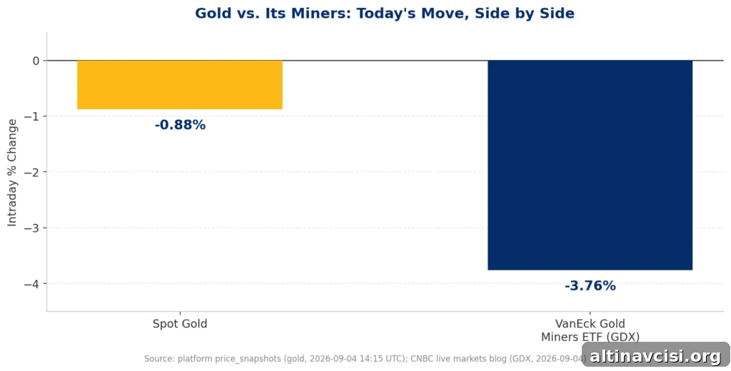Bar chart comparing today's intraday percentage decline in spot gold (down 0.88%) versus the VanEck Gold Miners ETF, GDX (down 3.76%), September 4, 2026, illustrating gold miners falling roughly four times harder than gold itself.