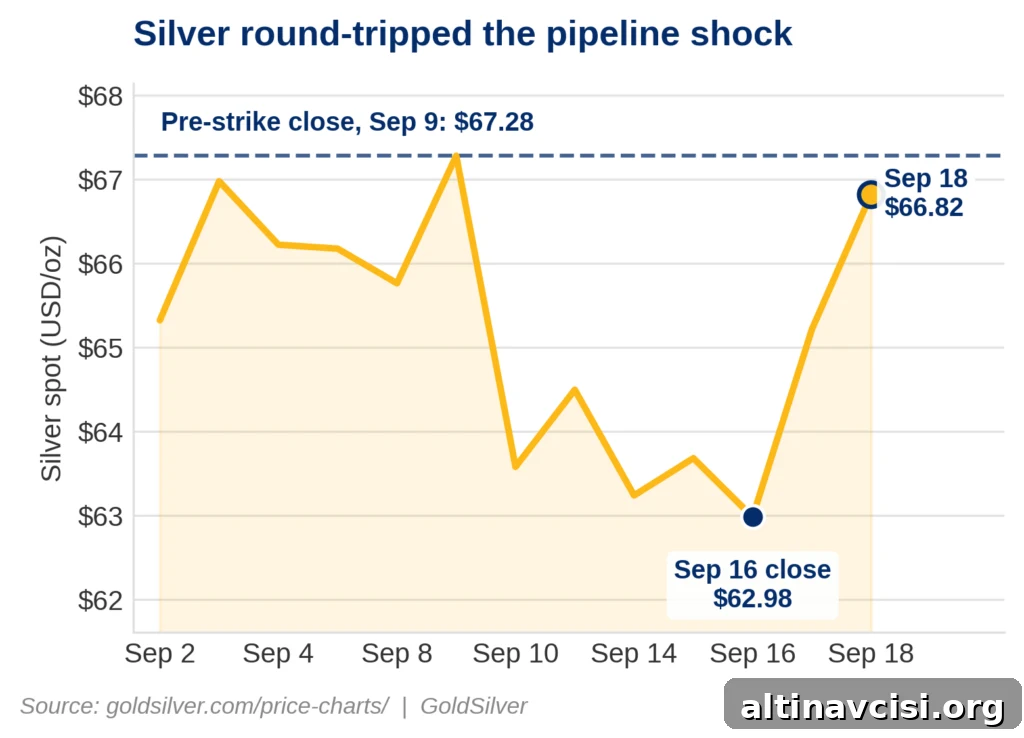 Why did silver go up today: chart shows silver recovering from its September 16 close of $62.98 to $66.82, just under its $67.28 pre-strike close.